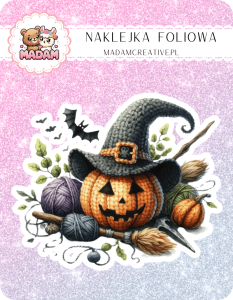 Naklejka foliowa pojedyncza, MaDam Halloween Dyniowy Splot - "Dynia z talentem do dziergania!