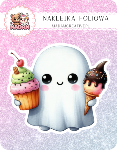 Naklejka foliowa pojedyncza, MaDam Halloween Słodki Strach - Duszek, który przynosi więcej słodyczy niż strachu!