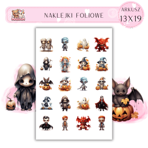 Naklejki Foliowe 13x19, Madam Halloween Upiorne Maskotki – Pamiętaj, każdy pluszak ma swoje straszne sekrety!