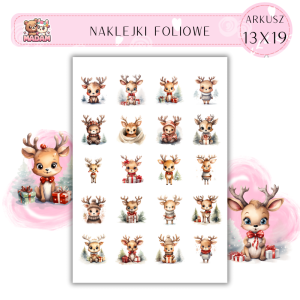 Naklejki Foliowe 13x19, Madam święta: Urocze renifery – świąteczni towarzysze gotowi do startu!