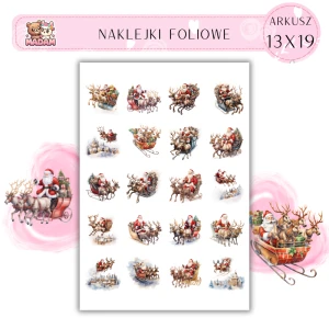 Naklejki Foliowe 13x19, Madam święta: Święty Mikołaj na saniach – magiczne świąteczne podróże po zimowym niebie!