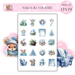 Naklejki Foliowe 13x19, Madam zima: Niebieskie choinki i zimowe postacie – śnieżna kraina pełna przytulnych dekoracji!