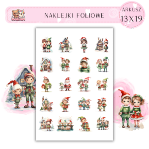 Naklejki Foliowe 13x19, Madam święta: Wesołe elfy w akcji – pomocnicy Mikołaja gotowi do pracy!