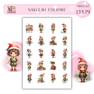 Naklejki Foliowe 13x19, Madam święta: Świąteczne elfy – prezenty, zabawa i świąteczna magia w powietrzu!