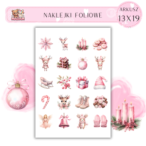 Naklejki Foliowe 13x19, Madam święta: Pastelowe cudeńka – różowe renifery i świąteczne dzwoneczki!
