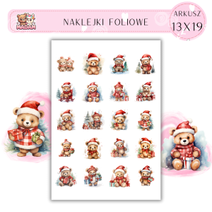 Naklejki Foliowe 13x19, Madam święta: Miśki Mikołaje – puchate prezenty pod choinką!