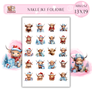 Naklejki Foliowe 13x19, Madam święta: Byczki w czapkach Mikołaja – rogate zabawy na święta!