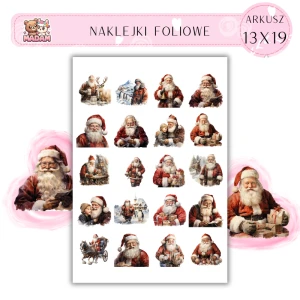 Naklejki Foliowe 13x19, Madam święta: Święty Mikołaj z prezentami i reniferami – klasyczne świąteczne scenki!