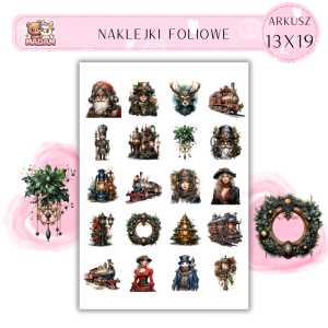 Naklejki Foliowe 13x19, Madam święta: Mechaniczne święta – Mikołaj i jego maszyny w stylu retro!