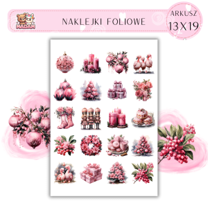 Naklejki Foliowe 13x19, Madam święta: Świąteczne bombki, świece i różowe ozdoby – elegancja w każdym detalu!