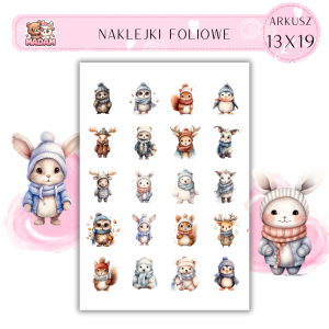 Naklejki Foliowe 13x19, Madam zima: Urocze zwierzaki w zimowych strojach – zimowa radość dla najmłodszych!