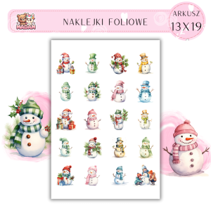 Naklejki Foliowe 13x19, Madam święta: Bałwanki z prezentami – zimowa radość i świąteczne niespodzianki!