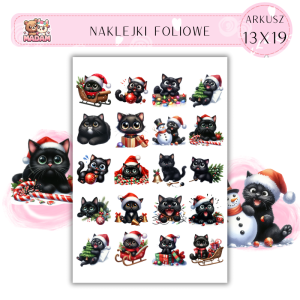 Naklejki Foliowe 13x19, Madam święta: Świąteczne kotki – czarne kocie figle w czapkach Mikołaja!