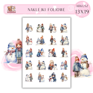 Naklejki Foliowe 13x19, Madam zima: Bałwanek i spółka – ekipa na śniegu gotowa do akcji!