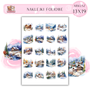 Naklejki Foliowe 13x19, Madam zima: Domek w śniegu – nie zapomnij o gorącej czekoladzie!