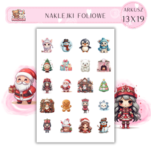 Naklejki Foliowe 13x19, Madam święta: Świąteczne urocze postacie – kotki, pingwiny i Mikołaj w akcji!
