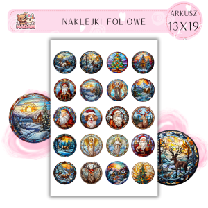 Naklejki Foliowe 13x19, Madam święta: Witraże świąteczne – Mikołaj, renifery i kolorowy świat!