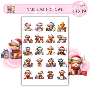 Naklejki Foliowe 13x19, Madam święta: Włochate krowy w czapkach – bo każda krowa kocha święta!