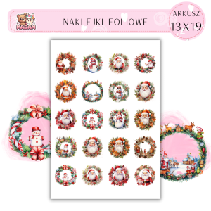 Naklejki Foliowe 13x19, Madam święta: Świąteczne wieńce – klasyczne ozdoby z akcentem Mikołaja!