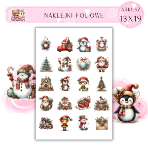 Naklejki Foliowe 13x19, Madam zima: Pingwiny w święta – zimowa drużyna na ratunek!