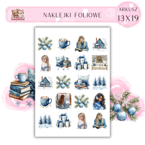 Naklejki Foliowe 13x19, Madam zima: Kocyk i herbata – święta z książką i ciepłym kubkiem!