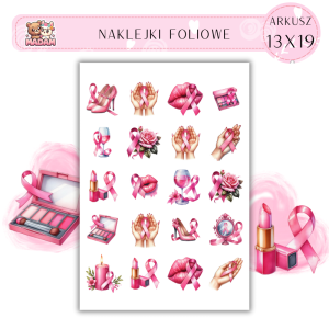 Naklejki Foliowe 13x19, Madam róż: Kobiece serce – Wstążki, kwiaty i piękno wspierające walkę z rakiem piersi