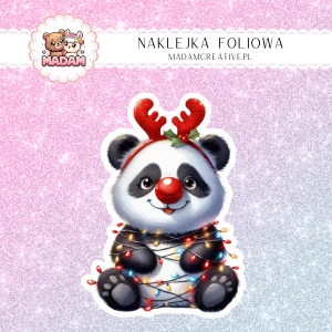 Naklejka foliowa pojedyncza, MaDam Święta: Panda Kuba – Świąteczna pandzia radość w światełkach!