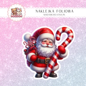 Naklejka foliowa pojedyncza, MaDam Święta: Mikołaj z Laską – Gotowy na świąteczne prezenty!