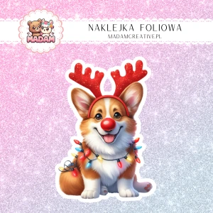Naklejka foliowa pojedyncza, MaDam Święta: Corgi Felek – Świąteczna radość z lampkami na grzbiecie!