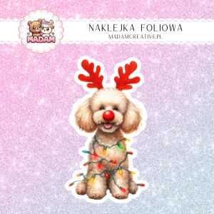 Naklejka foliowa pojedyncza, MaDam Święta: Pudel Coco – Zimowy przyjaciel z lampkami na sierści!