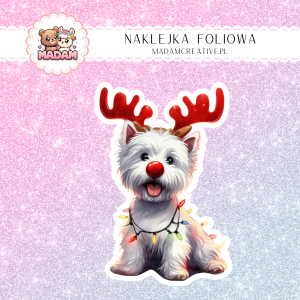 Naklejka foliowa pojedyncza, MaDam Święta: Westie Luna – Mały pomocnik Mikołaja, pełen światełek!
