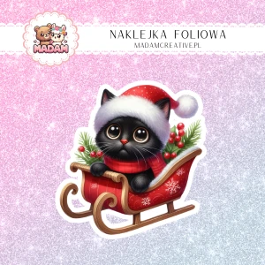 Naklejka foliowa pojedyncza, MaDam Święta: Kotka Lusia na sankach – Świąteczne wyścigi w śniegu!