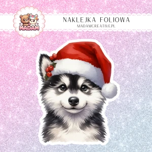 Naklejka foliowa pojedyncza, MaDam Święta: Husky Leo – Zimowy sprinter z czapką Mikołaja!