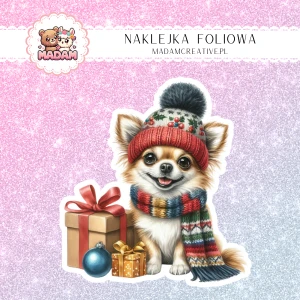Naklejka foliowa pojedyncza, MaDam Święta: Corgi Teodor – Mały świąteczny bohater przy prezentach!