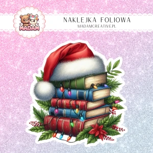 Naklejka foliowa pojedyncza, MaDam Święta: Stos książek – Świąteczna chwila z książkami i lampkami!