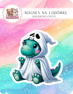 Magnes na lodówkę MaDam Dinozaur Toby – Uroczy łobuz w białej pelerynie – dinozaur z duszą superbohatera!"