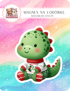 Magnes na lodówkę MaDam Dinozaur Rex – Świąteczny bohater w ciepłym swetrze – dinozaur, który kocha zimowe wieczory!