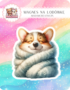 Magnes na lodówkę MaDam Piesek Puszek – Zawinięty w koc, gotowy na filmowe wieczory – popcorn w łapce!