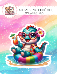 Magnes na lodówkę MaDam Dino Dominik – Chill na fali, drink w ręku – życie dinozaura!