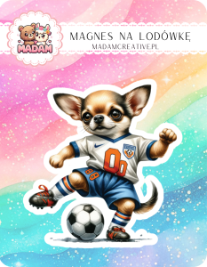 Magnes na lodówkę MaDam Chihuahua Czarek – Najmniejszy na boisku, ale z piłką nie ma sobie równych!