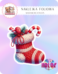Naklejka foliowa pojedyncza Holograficzna MaDam Święta Skarpeta Świąteczna – Skarpeta pełna niespodzianek – ale skarpetek tam nie szukaj!