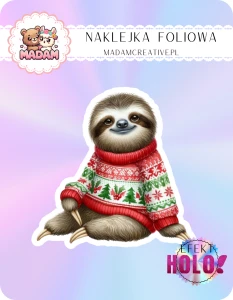 Naklejka foliowa pojedyncza Holograficzna MaDam Święta Leniwiec Leon – Najwolniej ubiera choinkę, ale jak stylowo!