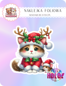 Naklejka foliowa pojedyncza Holograficzna MaDam Święta Kotka Klementyna – Wystrojona na święta – kocie reniferki w akcji!