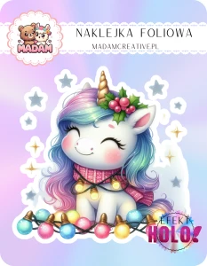 Naklejka foliowa pojedyncza Holograficzna MaDam Święta Jednorożec Jolka – Święta? W blasku choinkowych lampek!