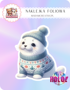 Naklejka foliowa pojedyncza Holograficzna MaDam Foka Frania – Świąteczny sweter? Pasuje jak ulał!