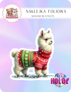 Naklejka foliowa pojedyncza Holograficzna MaDam Święta Lama Lila – Świąteczny sweter? Obowiązkowy!