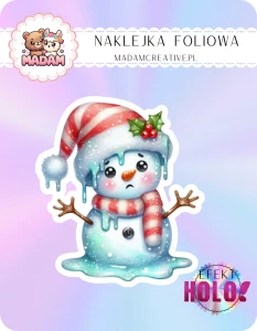 Naklejka foliowa pojedyncza Holograficzna MaDam Święta Bałwanek Borys – Zimna herbata nie pomoże, on i tak się roztopi!