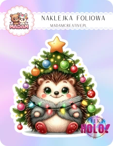 Naklejka foliowa pojedyncza Holograficzna MaDam Święta Jeżyk Jurek – Choinka czy jeż? Oba tak samo kłują!
