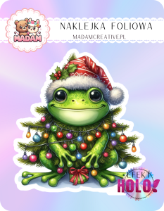 Naklejka foliowa pojedyncza Holograficzna MaDam Święta Żabka Zenek – Ozdobiony od stóp do głów – świąteczny styl!