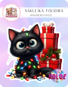 Naklejka foliowa pojedyncza Holograficzna MaDam Kotek Klemens – Najlepszy pomocnik Mikołaja, mistrz owijania wstążek!